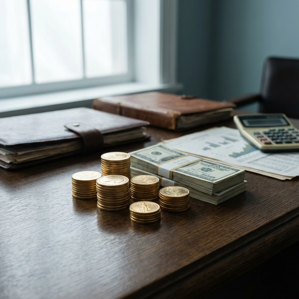 Coins and bundled cash on a desk alongside financial documents, symbolizing investment allocation and stewardship.