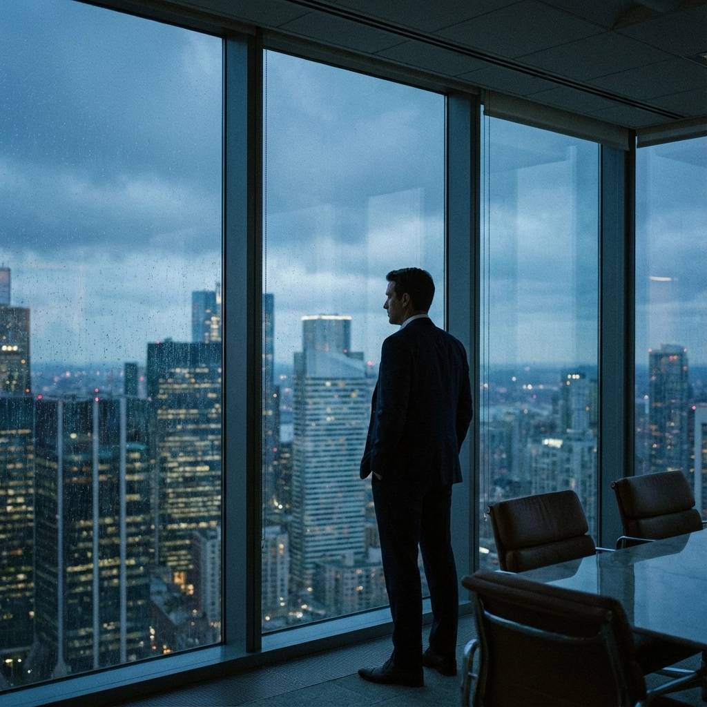 Business leader looking out over a city skyline, representing long-term vision and stewardship.