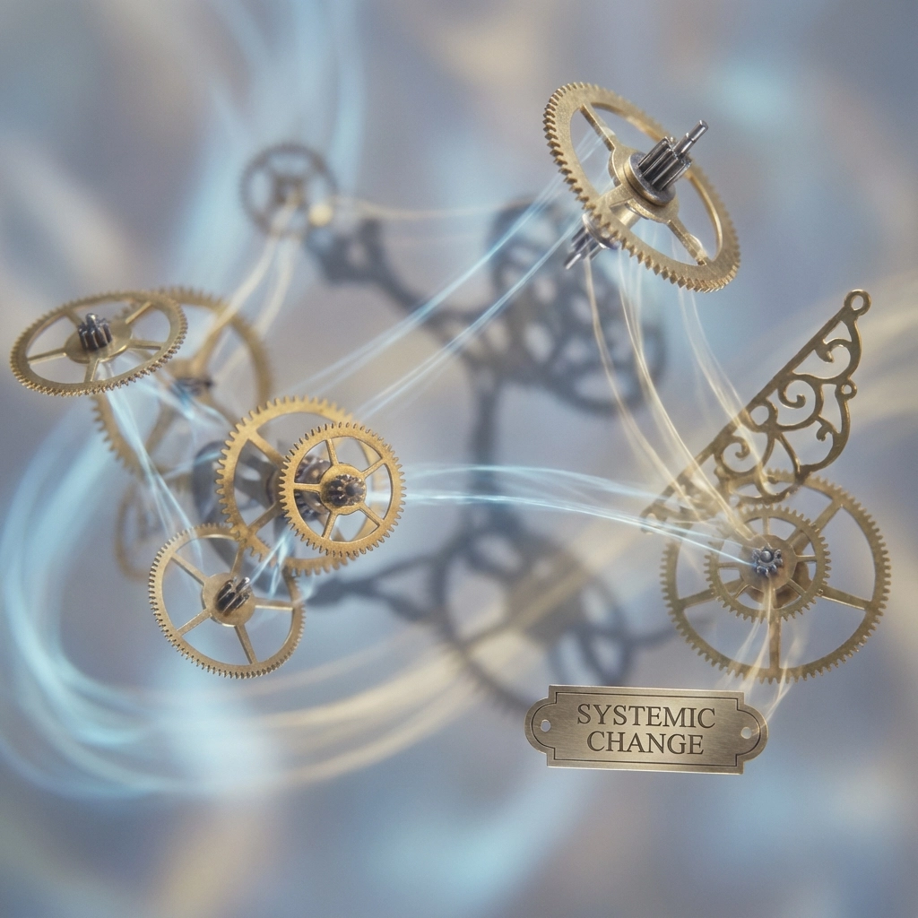 Interlocking gears representing structured investment strategy and long-term impact.