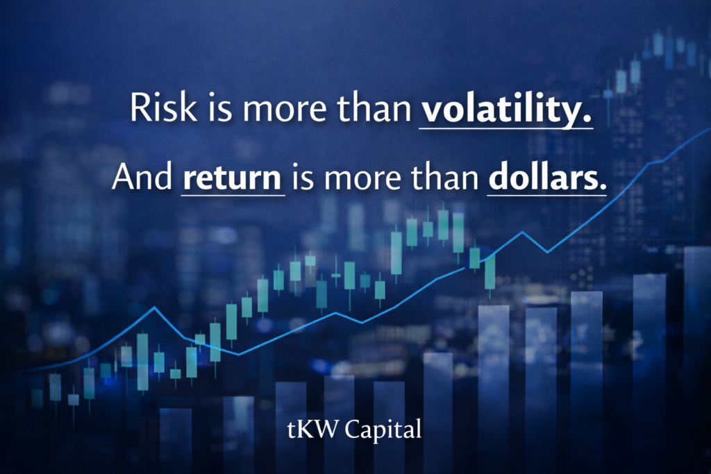 Graphic featuring the quote “Risk is more than volatility. And return is more than dollars.” overlaid on a blue financial chart background with candlestick graphs and upward trend lines.