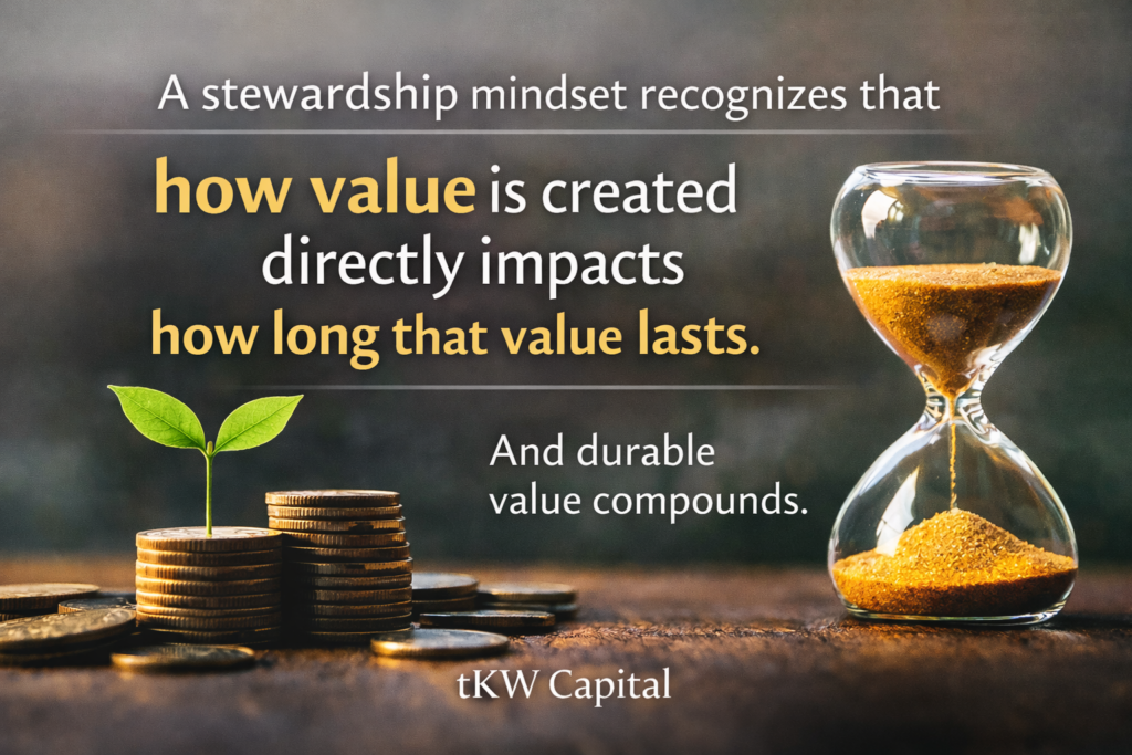 Investment graphic featuring stacked coins with a sprouting plant and an hourglass, alongside a quote about durable value and long-term capital growth.