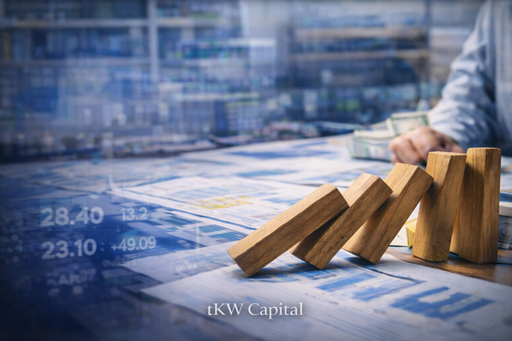 Image of wooden dominoes tipping over on investment documents, representing the ripple effects of financial strategy and capital allocation.