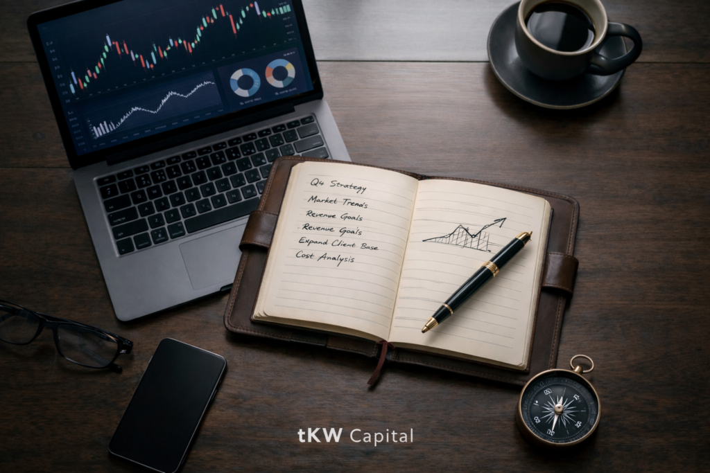 Workspace with a laptop displaying financial charts, an open notebook with handwritten strategy notes and a rising graph sketch, a pen, coffee cup, and glasses on a wooden desk.