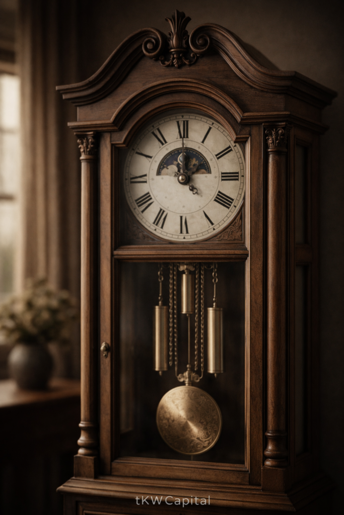 Antique grandfather clock with visible pendulum, representing time, patience, and long-term investment discipline