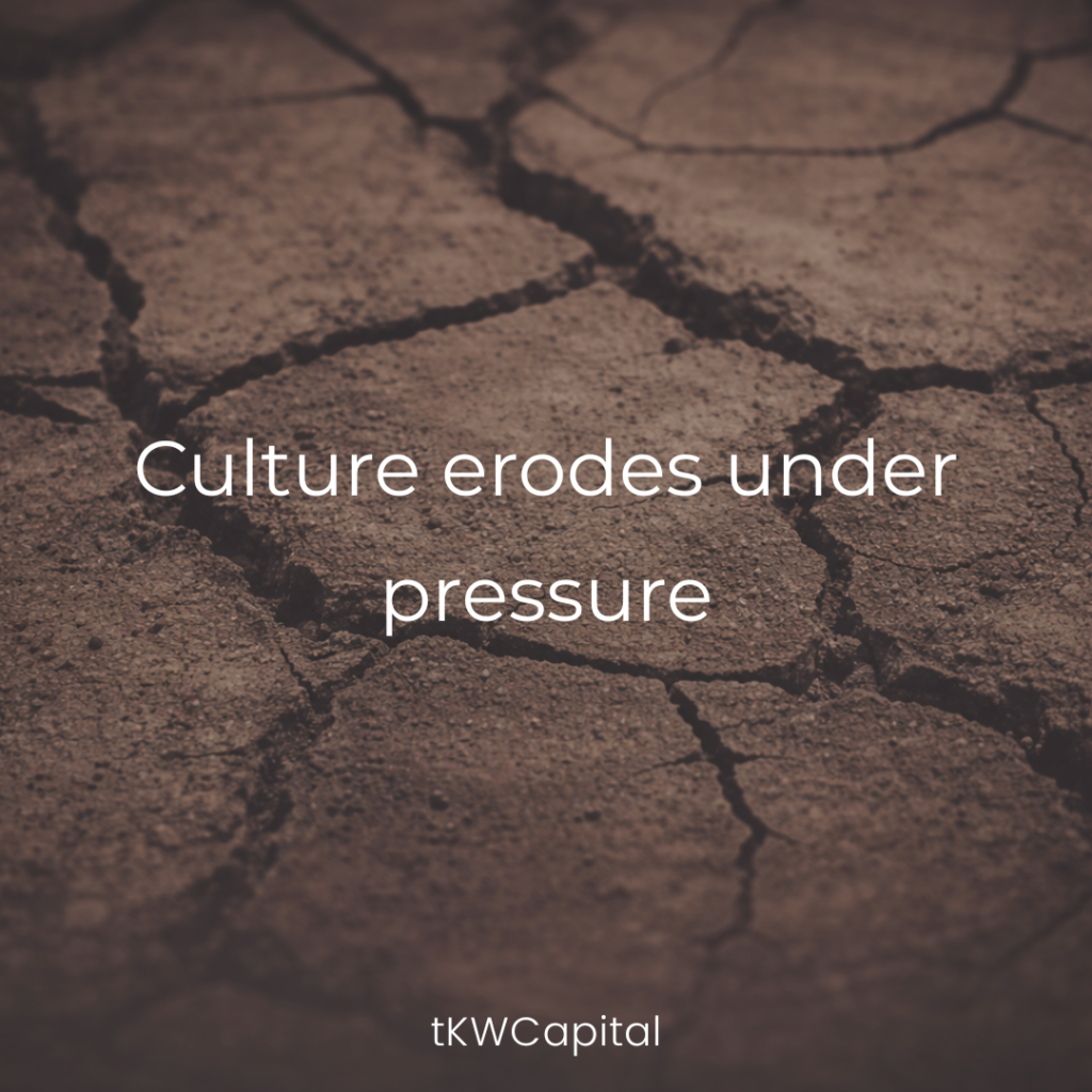 Cracked ground representing stress with the message ‘Culture erodes under pressure,’ highlighting how pressure impacts leadership and organizational culture