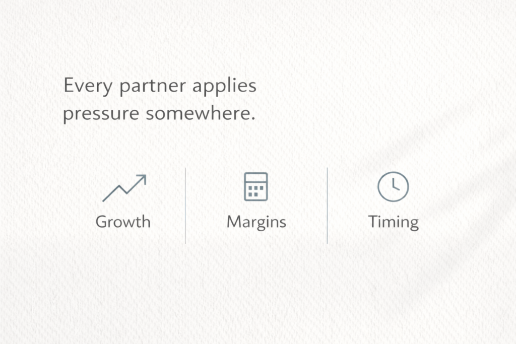 Graphic stating “Every partner applies pressure somewhere” with three areas of focus: growth, margins, and timing.