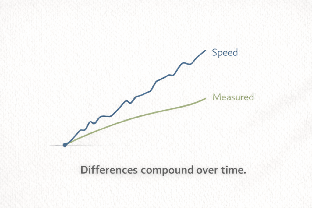 Line graph showing two paths starting together, with “Speed” rising faster and unevenly and “Measured” increasing steadily, illustrating that differences compound over time.