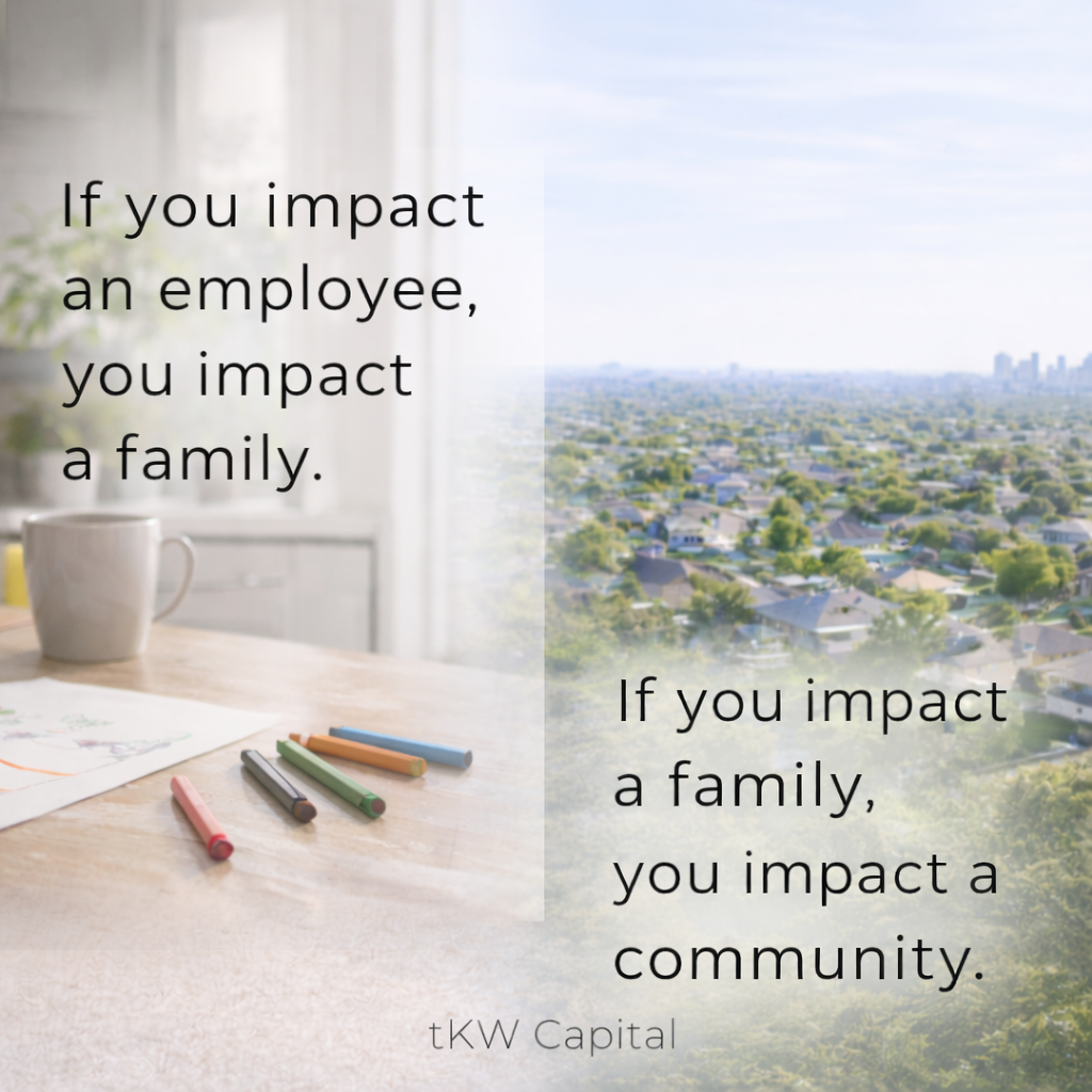 Graphic showing a home workspace with children’s drawing on one side and a neighborhood community on the other, illustrating how impacting an employee affects families and communities.