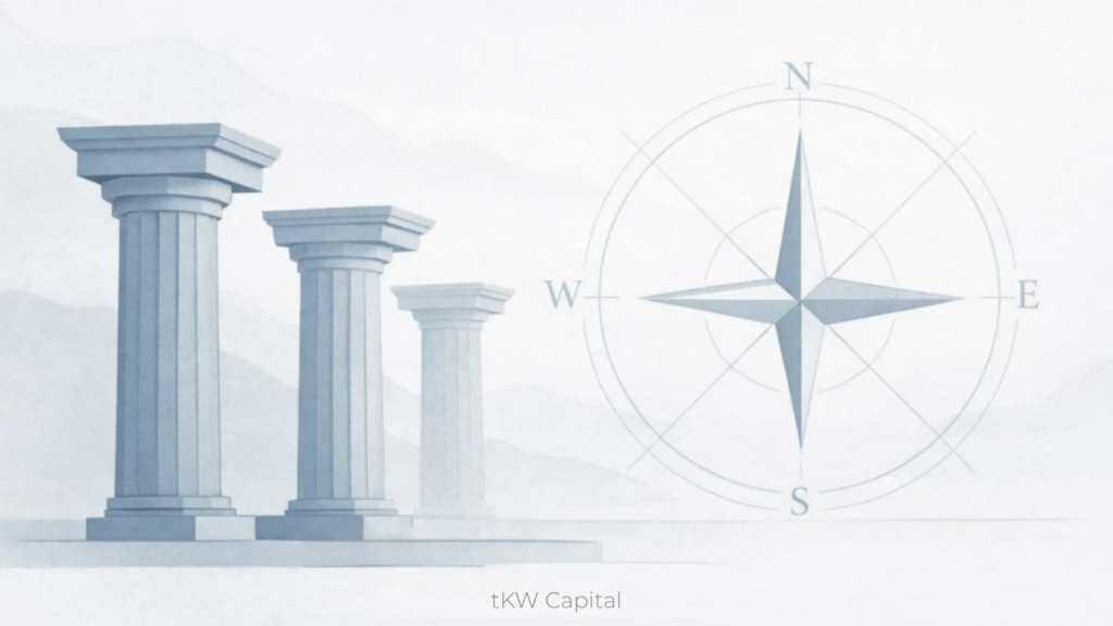 Illustration of three classical columns of varying heights beside a compass.