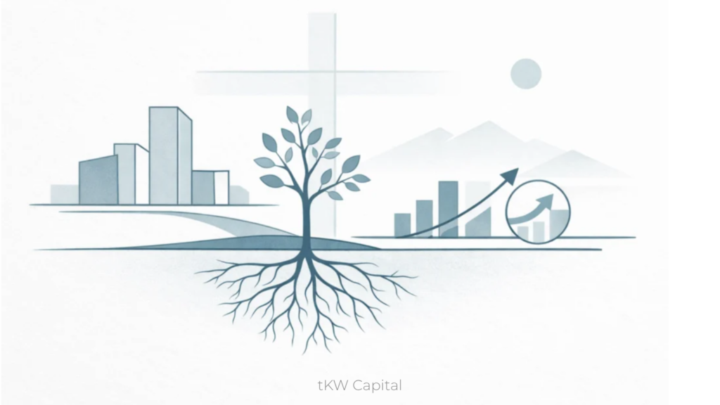 Minimalist illustration of a tree with visible roots, surrounded by abstract buildings and upward-trending charts.