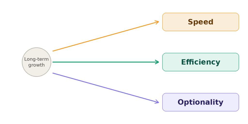 Diagram showing “long-term growth” branching into three different interpretations: speed, efficiency, and optionality.