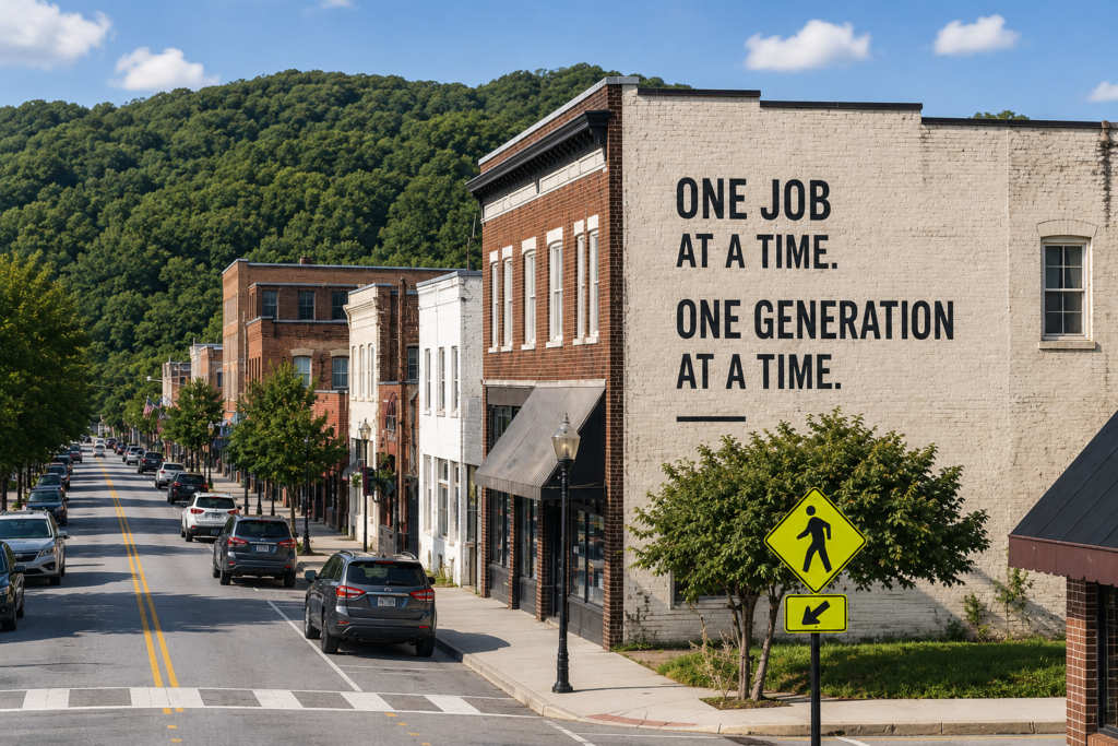 Small town street scene with building mural reading: One Job at a Time. One Generation at a Time. tKW Capital