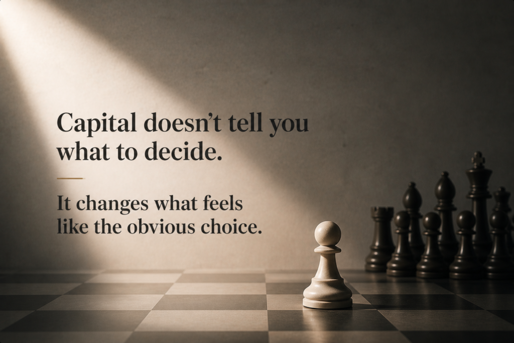 Quote about capital and decision-making alongside a chessboard scene: ‘Capital doesn’t tell you what to decide. It changes what feels like the obvious choice.