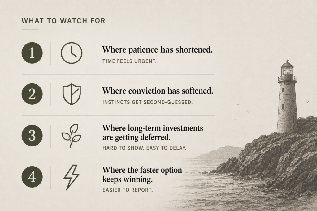 Infographic outlining four warning signs of decision drift: reduced patience, weakened conviction, delayed long-term investments, and preference for faster, easier-to-report options, alongside a lighthouse illustration.