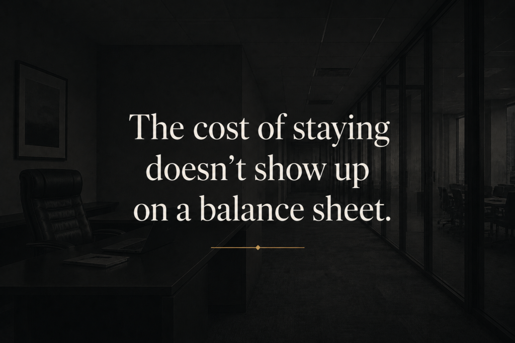 Dark office hallway with an empty executive office and overlaid quote reading, "The cost of staying doesn't show up on a balance sheet."