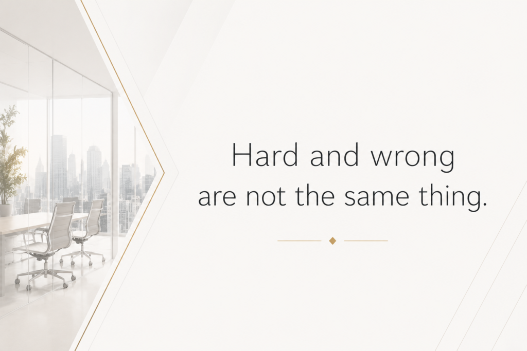 Minimalist corporate quote graphic featuring a light office conference room and the text, "Hard and wrong are not the same thing."