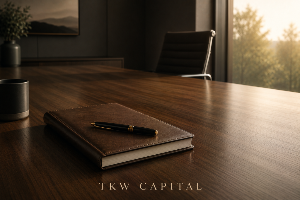 Minimalist executive boardroom with a notebook and pen representing leadership reflection, business strategy, and long-term stewardship