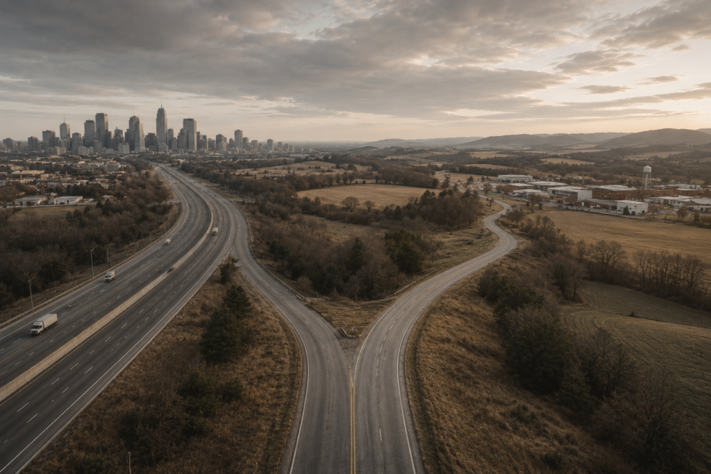 Aerial view of two roads leading in different directions toward a city and open countryside, illustrating different approaches to private equity and long-term business growth.