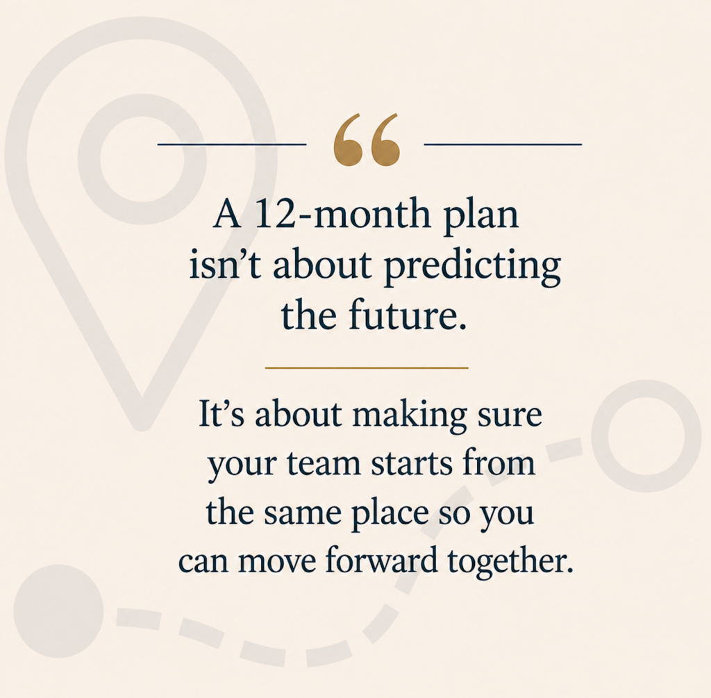 Text graphic that reads, “A 12-month plan isn’t about predicting the future. It’s about making sure your team starts from the same place so you can move forward together,” with a subtle route and destination graphic representing leadership alignment and acquisition planning.