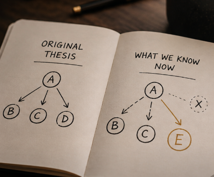 Diagram comparing an original business investment thesis with new information, showing how an acquisition strategy can change as new opportunities emerge.
