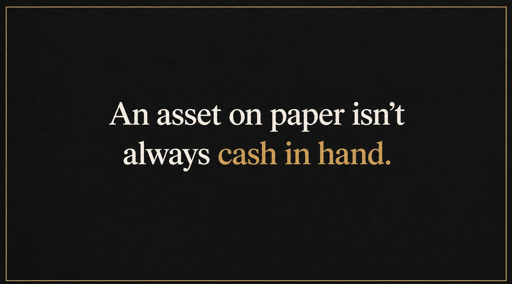 Graphic reading “An asset on paper isn’t always cash in hand,” in cream and gold typography on a dark charcoal background, highlighting the difference between recorded assets and available cash.