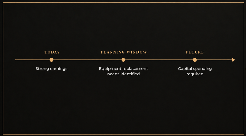 Conceptual timeline graphic on charcoal: TODAY, strong earnings; PLANNING WINDOW, equipment replacement needs identified; FUTURE, capital spending required. Warm gold line and nodes.